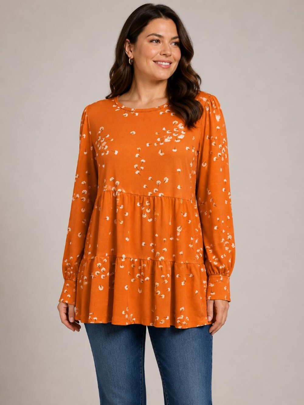 Orange Floral Tiered Long Sleeve Babydoll Tunic Dress Size S
